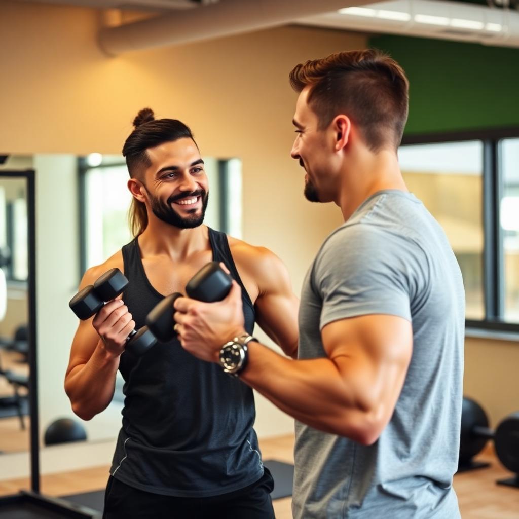 Personal trainer coaching a client through dumbbell exercises in a gym