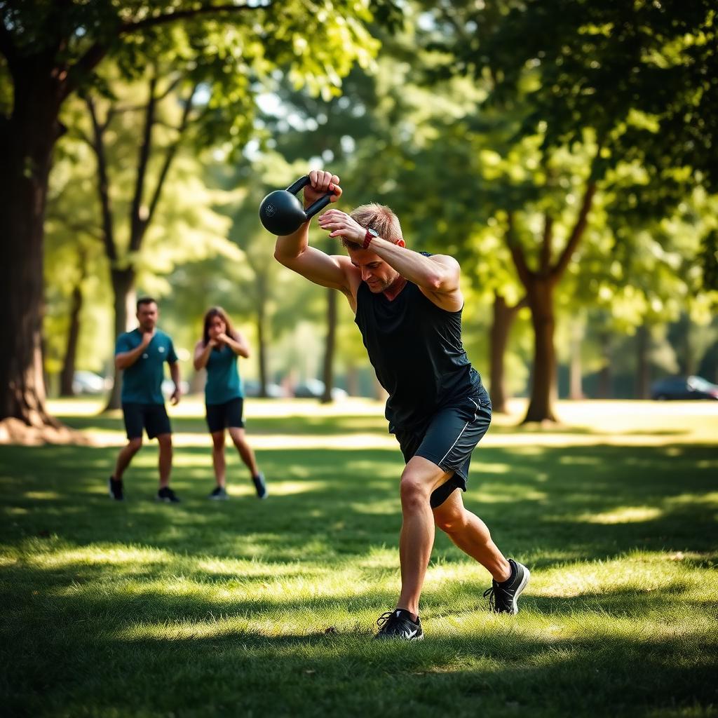 Athlete performing kettlebell swings during an outdoor training session