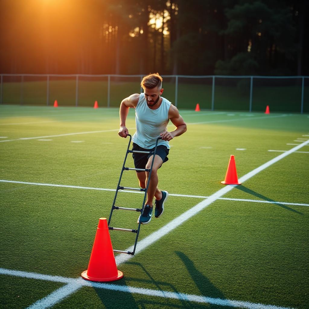 Athlete running agility ladder drills on a sports pitch
